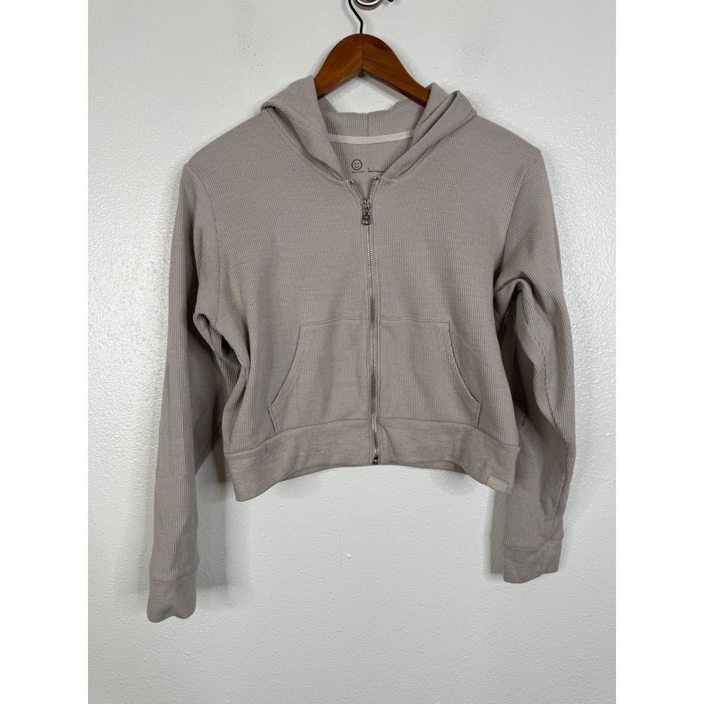 Gilly Hicks Waffle Knit Full Zip Hoodie Taupe Beige Cropped Sweatshirt Large